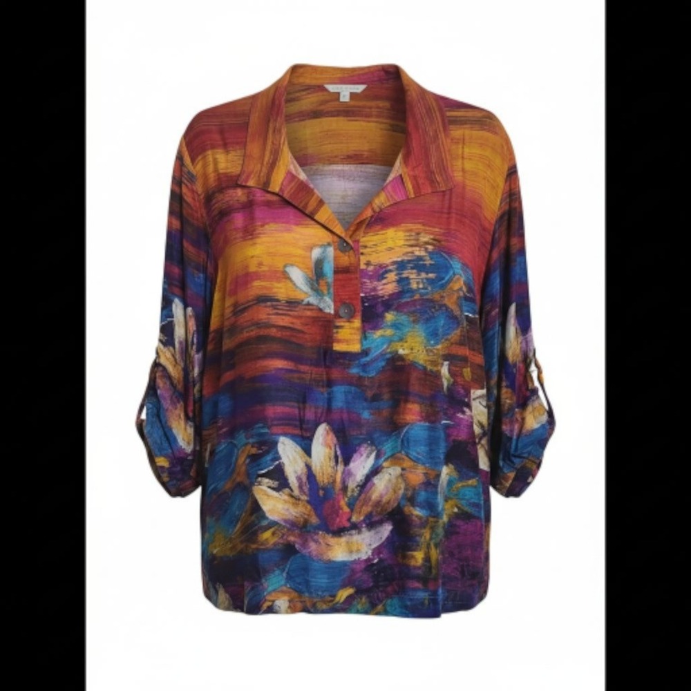 JOHN MARK Abstract Floral Print Collared Button Front Shirt Women 1X NEW